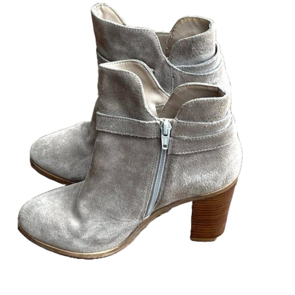 Steve Madden Beige/Grey 3 Inch Heel Ankle Suede Booties with Buckle, Western, 8